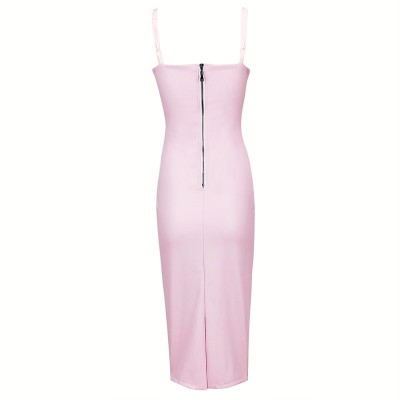 'Aaralyn' pink leather knee-length dress with deep V-neck